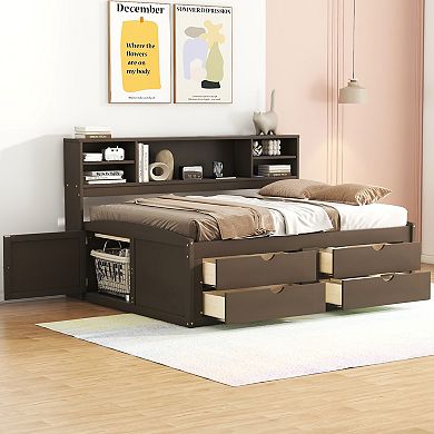 Merax Full Size Wood Daybed with 2 Bedside Cabinets, Upper Shelves and 4 Drawers