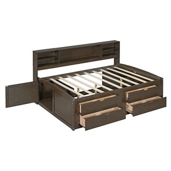 Merax Full Size Wood Daybed with 2 Bedside Cabinets, Upper Shelves and 4 Drawers