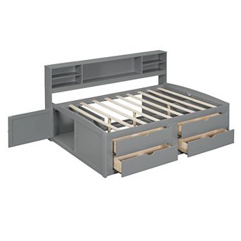 Merax Full Size Wood Daybed with 2 Bedside Cabinets, Upper Shelves and 4 Drawers