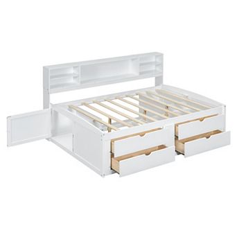 Merax Full Size Wood Daybed with 2 Bedside Cabinets, Upper Shelves and 4 Drawers