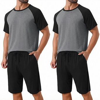 2 Packs Sleepwear Pajama for Men's Raglan Short Sleeves Crew Neck Drawstring Pajama Set