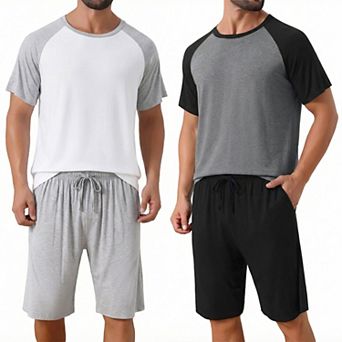 2 Packs Sleepwear Pajama for Men's Raglan Short Sleeves Crew Neck Drawstring Pajama Set
