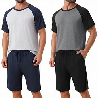 2 Packs Sleepwear Pajama for Men's Raglan Short Sleeves Crew Neck Drawstring Pajama Set