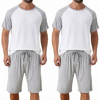 2 Packs Sleepwear Pajama for Men's Raglan Short Sleeves Crew Neck Drawstring Pajama Set
