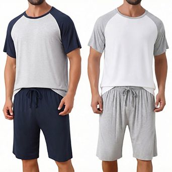 2 Packs Sleepwear Pajama for Men's Raglan Short Sleeves Crew Neck Drawstring Pajama Set