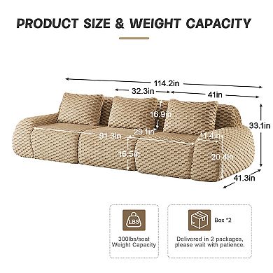 KWPZQEB 114.2Inch Modular Sectional Flannelette Sofa, 3-Seater Boneless Sofa with Deep Seat