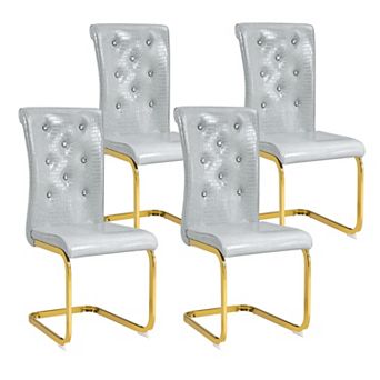 KWPZQEB Alligator Skin Upholstered Dining Chairs with Crystal Buckle Design & Metal Bow Leg,Set of 4