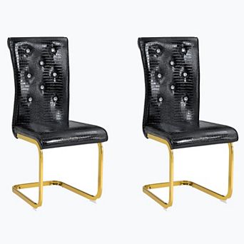 KWPZQEB Alligator Skin Upholstered Dining Chairs with Crystal Buckle Design & Metal Bow Leg,Set of 2