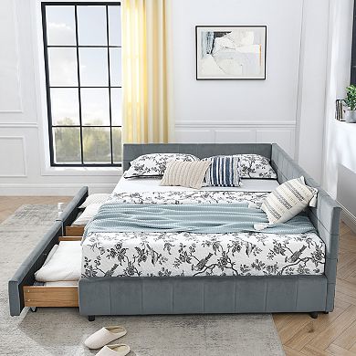 KWPZQEB Queen Size Sofa Bed Frame with Backrest & 2 Drawers, Upholstered Tufted Bed for Living Room