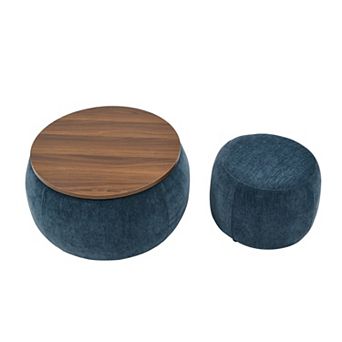 KWPZQEB 2 pc Round Storage Ottoman, 2 in 1 Rattan Coffee Table with Wooden Top for Living Room