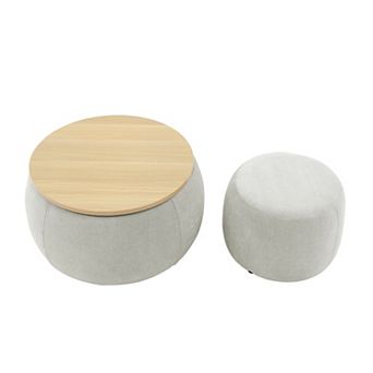 KWPZQEB 2 pc Round Storage Ottoman, 2 in 1 Rattan Coffee Table with Wooden Top for Living Room