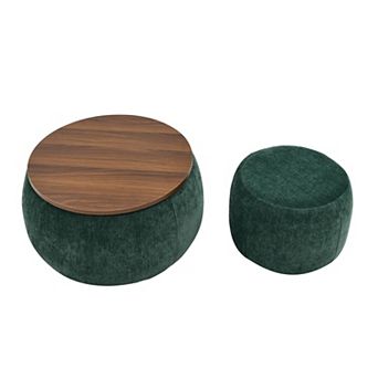 KWPZQEB 2 pc Round Storage Ottoman, 2 in 1 Rattan Coffee Table with Wooden Top for Living Room