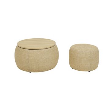 KWPZQEB 2 pc Round Storage Ottoman, 2 in 1 Rattan Coffee Table with Wooden Top for Living Room