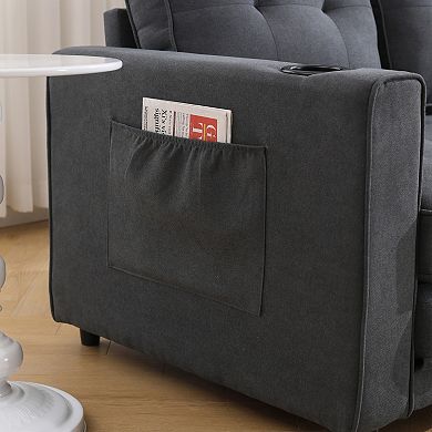 KWPZQEB 55Inch 3-in-1 Upholstered Futon Sofa, Convertible Sofa Bed with Side Pockets & Cup Holder