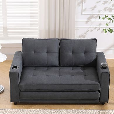 KWPZQEB 55Inch 3-in-1 Upholstered Futon Sofa, Convertible Sofa Bed with Side Pockets & Cup Holder