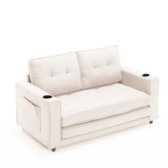 KWPZQEB 55Inch 3-in-1 Upholstered Futon Sofa, Convertible Sofa Bed with Side Pockets & Cup Holder