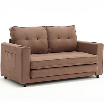 KWPZQEB 55Inch 3-in-1 Upholstered Futon Sofa, Convertible Sofa Bed with Side Pockets & Cup Holder
