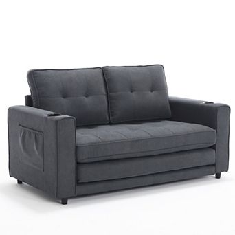 KWPZQEB 55Inch 3-in-1 Upholstered Futon Sofa, Convertible Sofa Bed with Side Pockets & Cup Holder