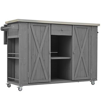 KWPZQEB Fir Wood Outdoor Kitchen Island with Stainless Steel Top & Towel,Spice Racks & Bottle Opener