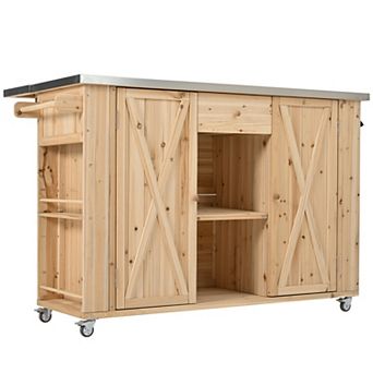 KWPZQEB Fir Wood Outdoor Kitchen Island with Stainless Steel Top & Towel,Spice Racks & Bottle Opener