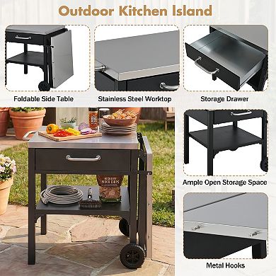 KWPZQEB Portable BBQ Cart with Foldable Top & Storage, Outdoor Prep Station for Backyard