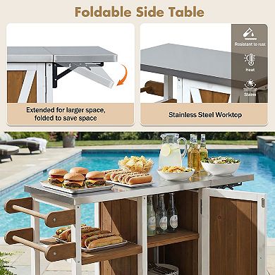 KWPZQEB Farmhouse Patio Kitchen Island with Storage & Towel Rack, Lockable Wheels & Foldable Top