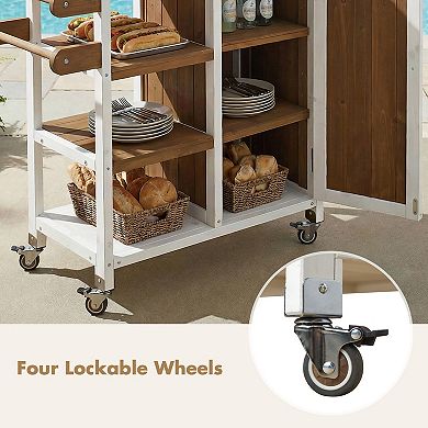 KWPZQEB Farmhouse Patio Kitchen Island with Storage & Towel Rack, Lockable Wheels & Foldable Top
