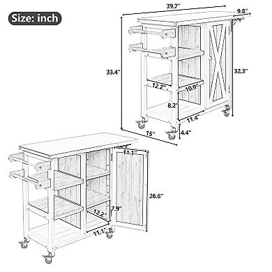 KWPZQEB Farmhouse Patio Kitchen Island with Storage & Towel Rack, Lockable Wheels & Foldable Top