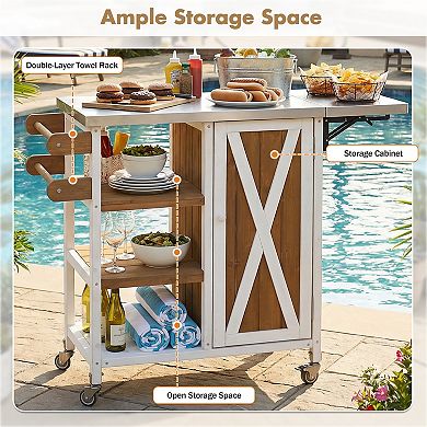 KWPZQEB Farmhouse Patio Kitchen Island with Storage & Towel Rack, Lockable Wheels & Foldable Top