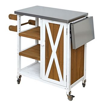 KWPZQEB Farmhouse Patio Kitchen Island with Storage & Towel Rack, Lockable Wheels & Foldable Top