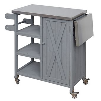 KWPZQEB Farmhouse Patio Kitchen Island with Storage & Towel Rack, Lockable Wheels & Foldable Top