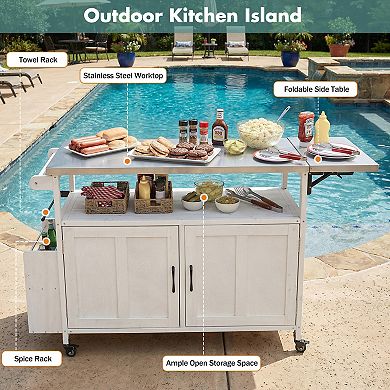KWPZQEB Foldable Outdoor Kitchen Island with Lockable Wheels & Storage, Towel Rack & Spice Rack
