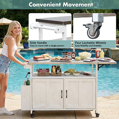 KWPZQEB Foldable Outdoor Kitchen Island with Lockable Wheels & Storage, Towel Rack & Spice Rack
