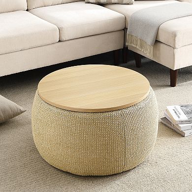 KWPZQEB 2 in 1 Function Coffee Table, Round Storage Ottoman with Wooden Top for Living Room