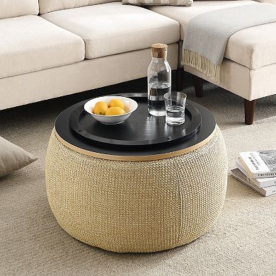 KWPZQEB 2 in 1 Function Coffee Table, Round Storage Ottoman with Wooden Top for Living Room