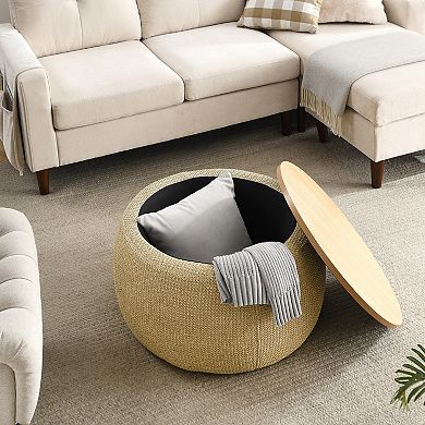 KWPZQEB 2 in 1 Function Coffee Table, Round Storage Ottoman with Wooden Top for Living Room