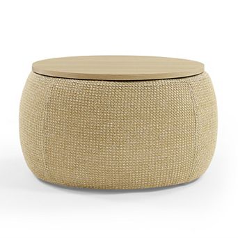 KWPZQEB 2 in 1 Function Coffee Table, Round Storage Ottoman with Wooden Top for Living Room