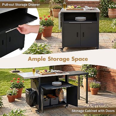 KWPZQEB Patio Dining Cart with Foldable Top, Storage & Trash Rack, BBQ Cart for Backyard, Patio