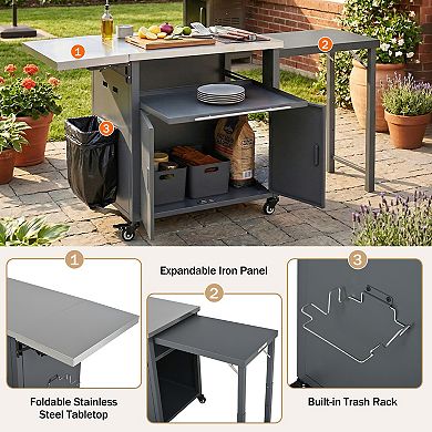 KWPZQEB Patio Dining Cart with Foldable Top, Storage & Trash Rack, BBQ Cart for Backyard, Patio