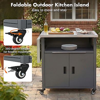 KWPZQEB Patio Dining Cart with Foldable Top, Storage & Trash Rack, BBQ Cart for Backyard, Patio