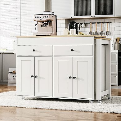 KWPZQEB Kitchen Island with Extendable Dining Table & Spice Rack, 2 Drawers & 4 Doors Cabinet