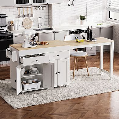 KWPZQEB Kitchen Island with Extendable Dining Table & Spice Rack, 2 Drawers & 4 Doors Cabinet