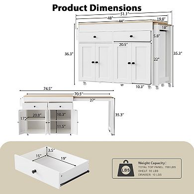 KWPZQEB Kitchen Island with Extendable Dining Table & Spice Rack, 2 Drawers & 4 Doors Cabinet