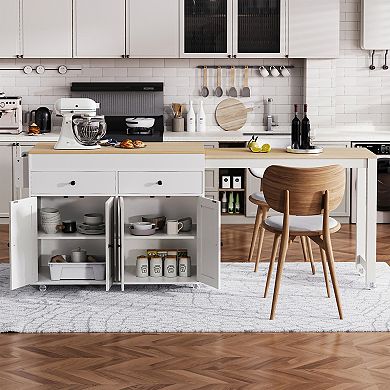 KWPZQEB Kitchen Island with Extendable Dining Table & Spice Rack, 2 Drawers & 4 Doors Cabinet