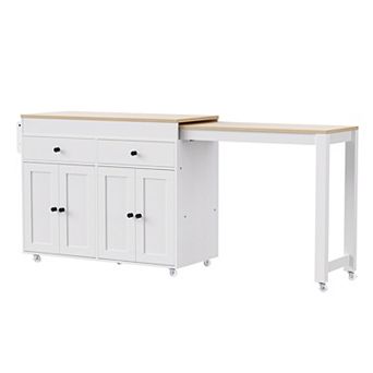 KWPZQEB Kitchen Island with Extendable Dining Table & Spice Rack, 2 Drawers & 4 Doors Cabinet