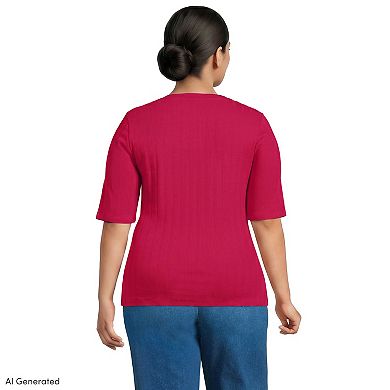 Plus Size Lands' End Elbow Sleeve Micro Rib Scoop Neck Henley