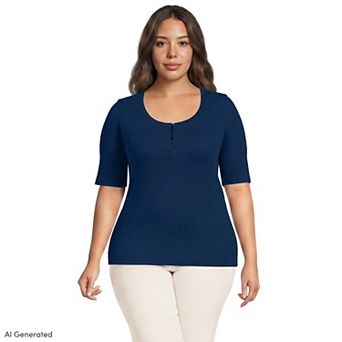 Plus Size Lands' End Elbow Sleeve Micro Rib Scoop Neck Henley