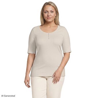 Plus Size Lands' End Elbow Sleeve Micro Rib Scoop Neck Henley