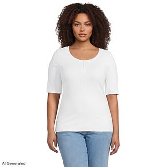 Plus Size Lands' End Elbow Sleeve Micro Rib Scoop Neck Henley