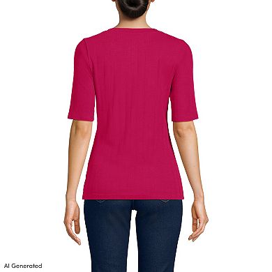 Women's Lands' End Elbow Sleeve Variegated Micro Rib Scoop Neck Henley